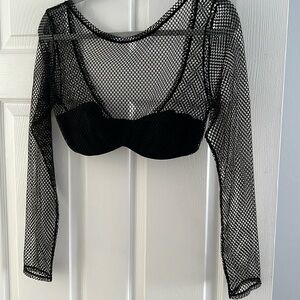 Urban Outfitters Out From Under Fish Net Long Sleeve Crop Top Black Size Medium
